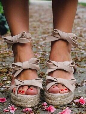 Castañer Beige Suede Triple Bow Wedge Espadrille Sandals Size 38